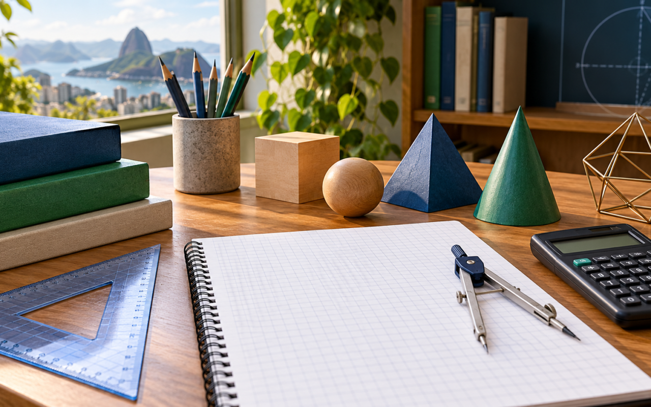 Caderno de matemática e sólidos geométricos sobre uma mesa, em ilustração editorial.