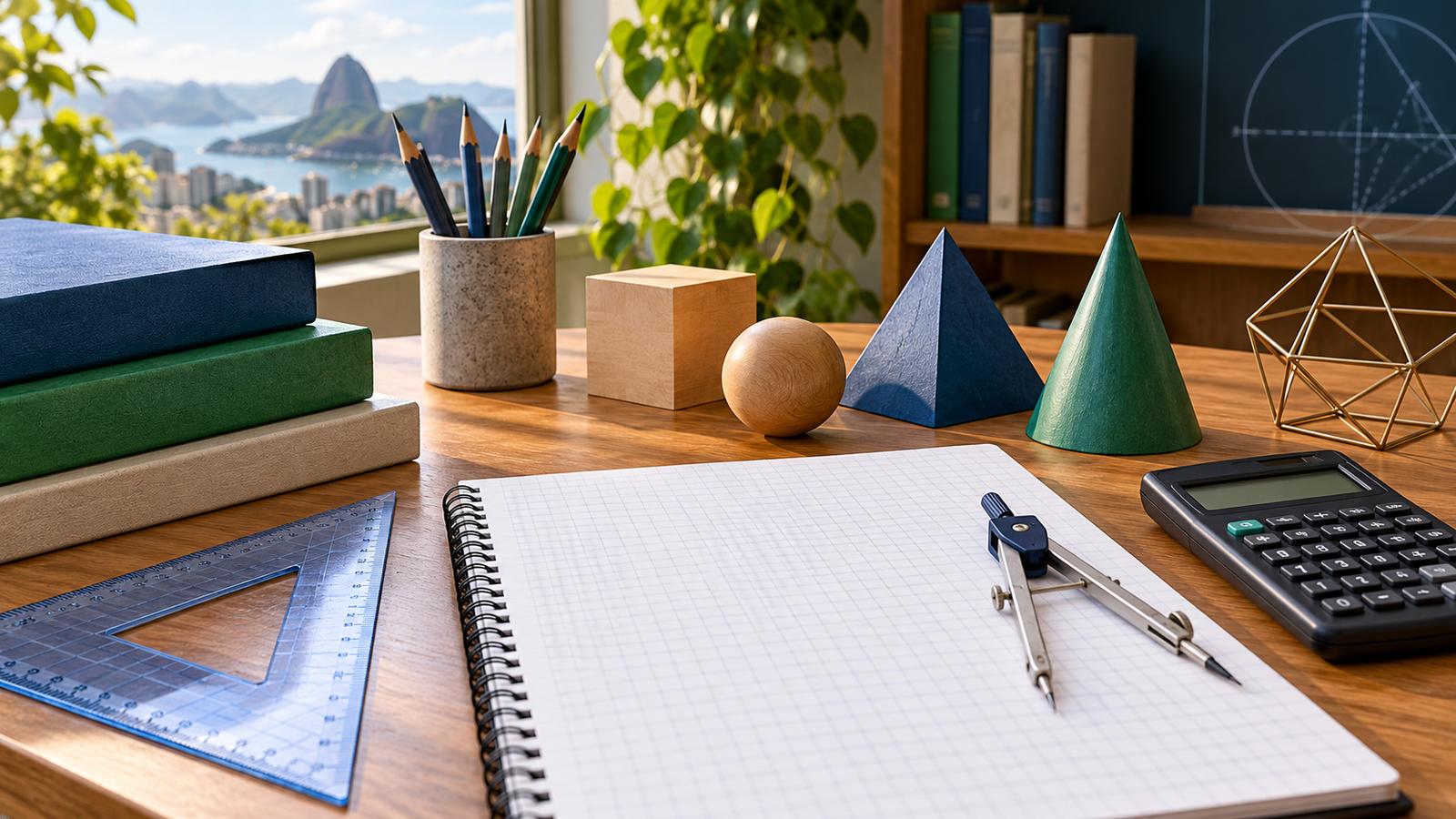 Caderno de matemática e sólidos geométricos sobre uma mesa, em ilustração editorial.
