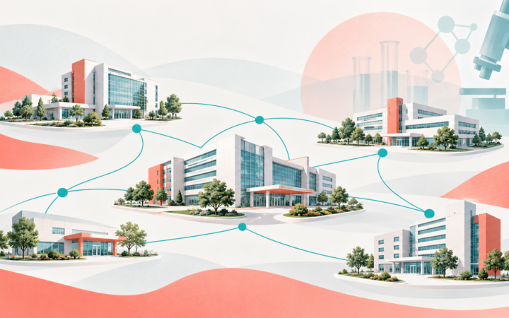 Hospitais conectados por linhas gráficas, em ilustração editorial sobre projetos do Proadi-SUS.