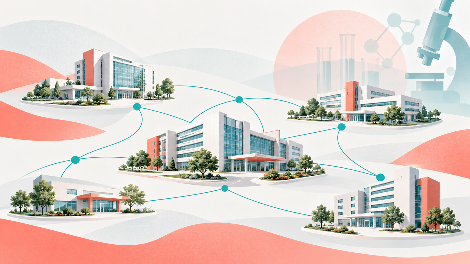Hospitais conectados por linhas gráficas, em ilustração editorial sobre projetos do Proadi-SUS.