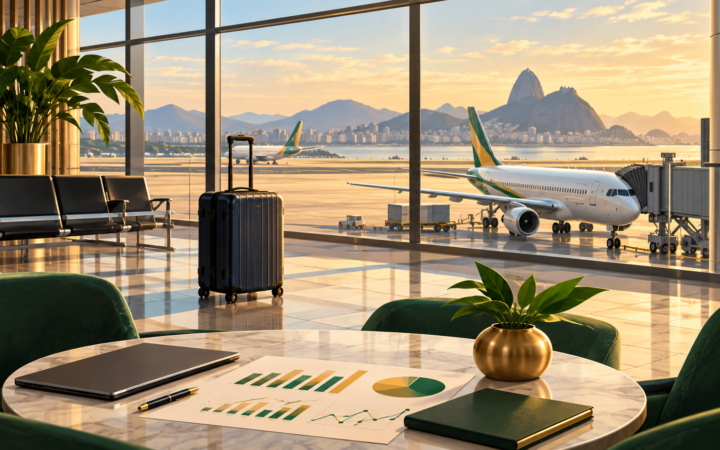 Sala de aeroporto com poltronas e aeronave ao fundo, em ilustração editorial.