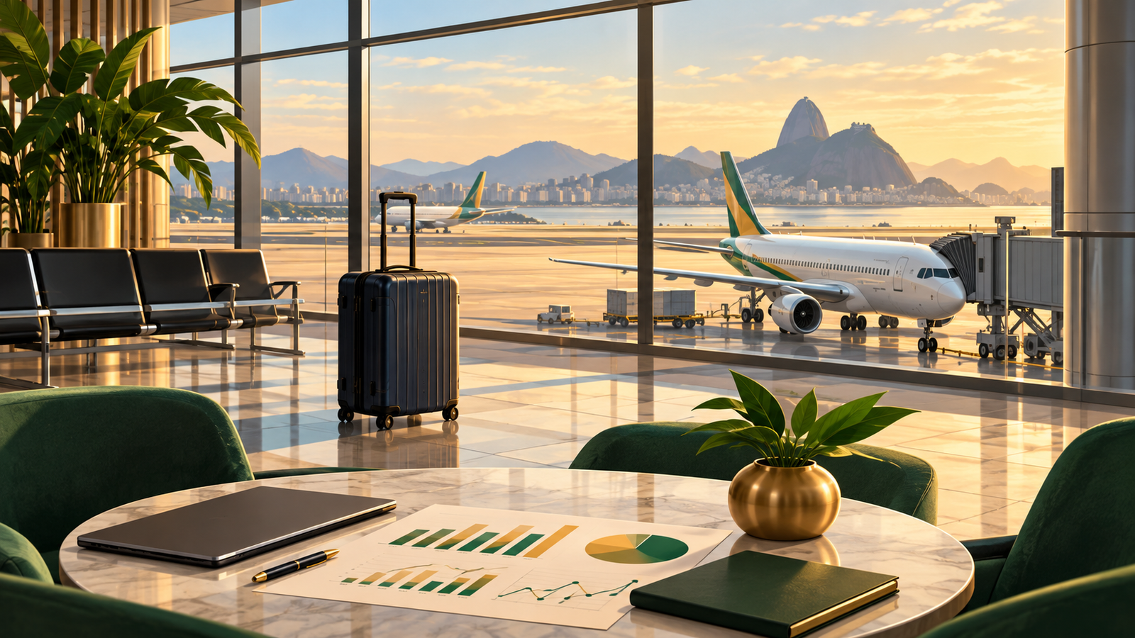 Sala de aeroporto com poltronas e aeronave ao fundo, em ilustração editorial.