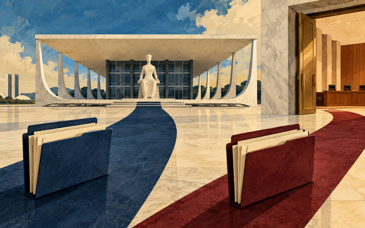 Ilustração editorial por IA: fachada estilizada do STF e dois documentos, sem retratar decisão real.