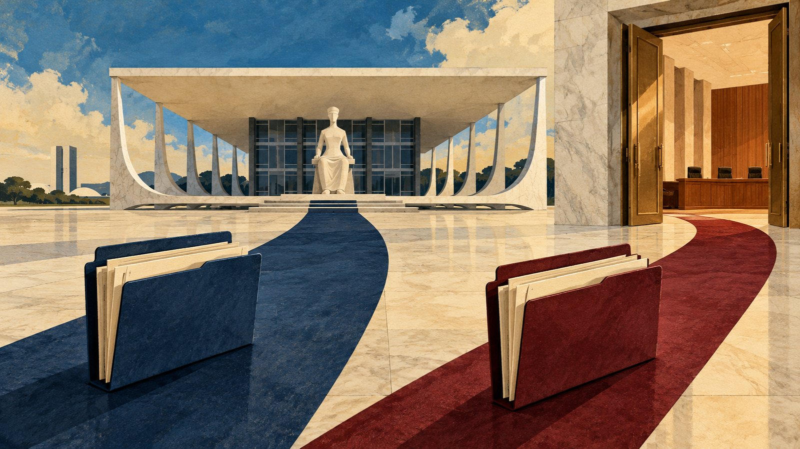 Ilustração editorial por IA: fachada estilizada do STF e dois documentos, sem retratar decisão real.