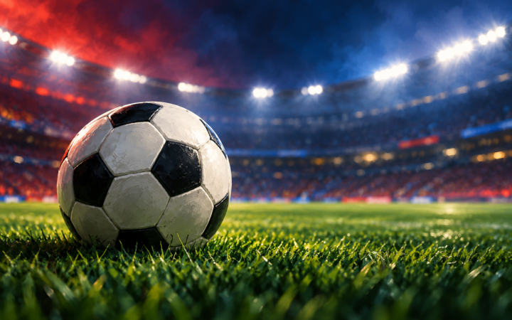 Ilustração editorial por IA de bola de futebol em gramado sob refletores; sem equipes ou lance de jogo real.