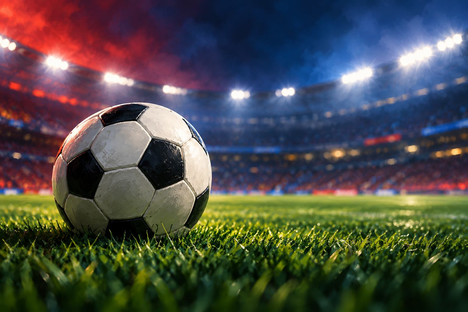 Ilustração editorial por IA de bola de futebol em gramado sob refletores; sem equipes ou lance de jogo real.