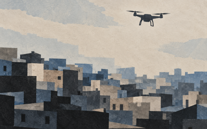 Ilustração editorial por IA em estilo de recorte e guache: drone genérico sobre formas geométricas que representam uma área urbana, sem retratar a ocorrência.