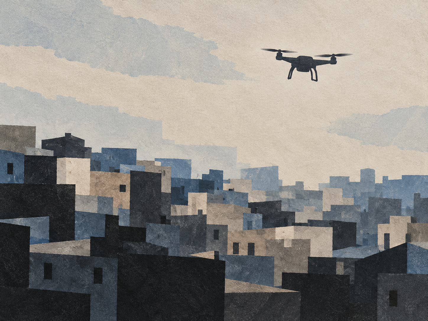 Ilustração editorial por IA em estilo de recorte e guache: drone genérico sobre formas geométricas que representam uma área urbana, sem retratar a ocorrência.