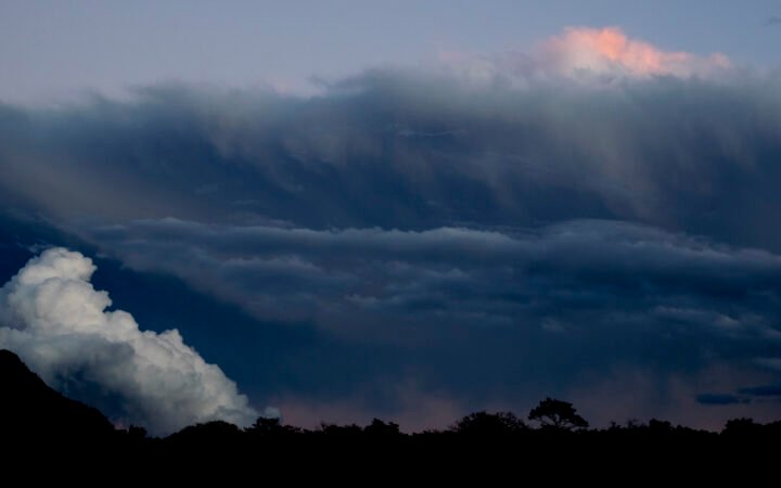 Nuvens escuras de tempestade sobre silhuetas de árvores ao fim da tarde.