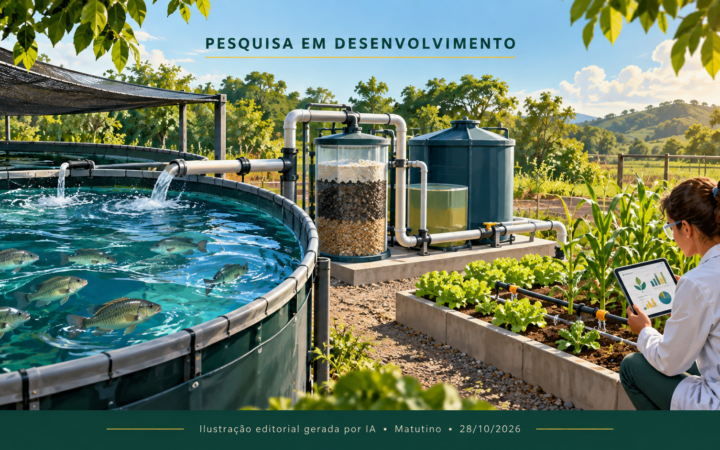 Ilustração conceitual de tanque de peixes, reservatórios e plantas, com a indicação pesquisa em desenvolvimento.