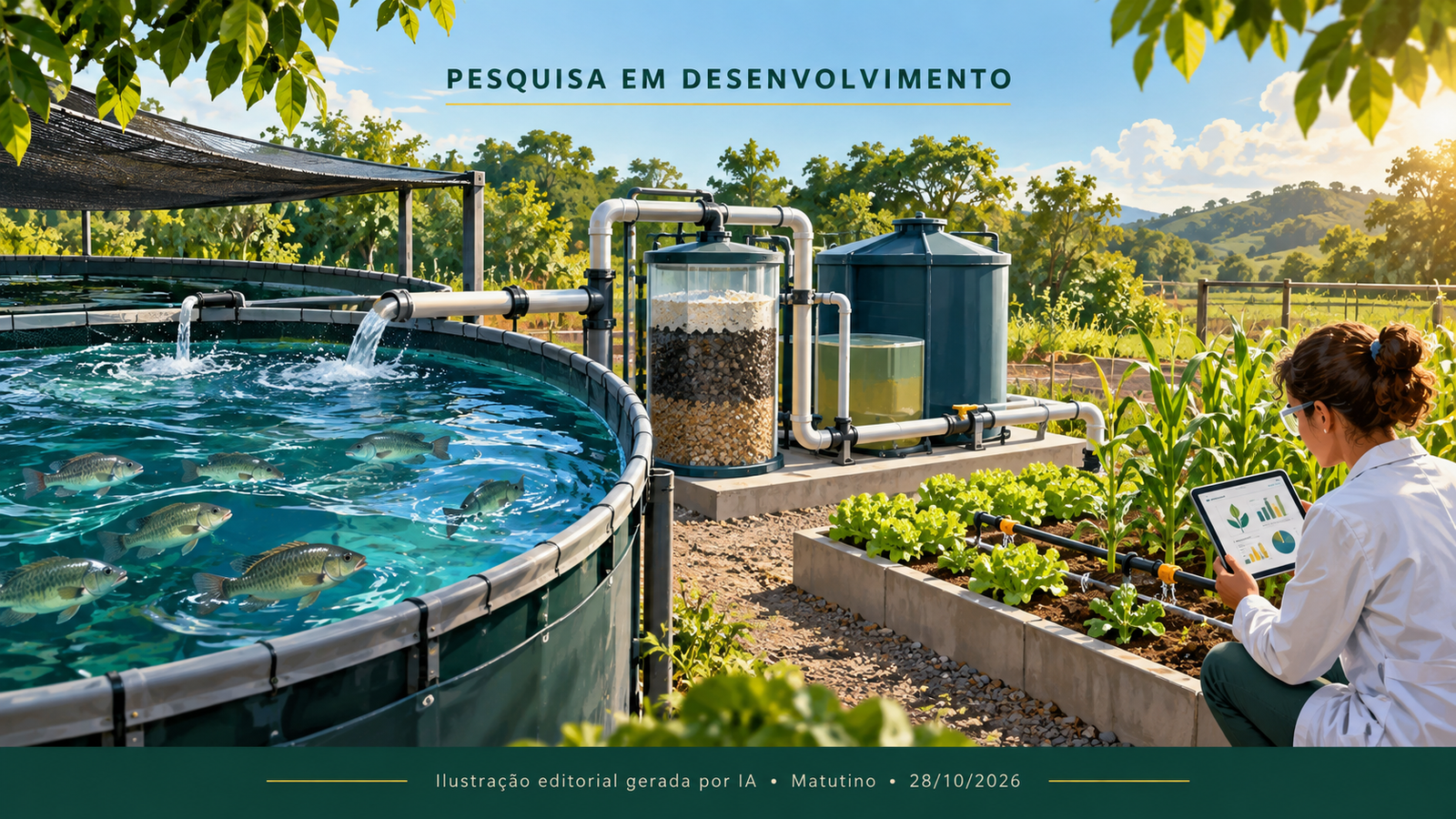 Ilustração conceitual de tanque de peixes, reservatórios e plantas, com a indicação pesquisa em desenvolvimento.