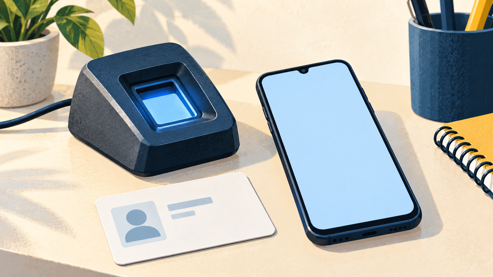 Ilustração editorial de leitor biométrico genérico, celular com tela vazia e cartão sem dados pessoais.