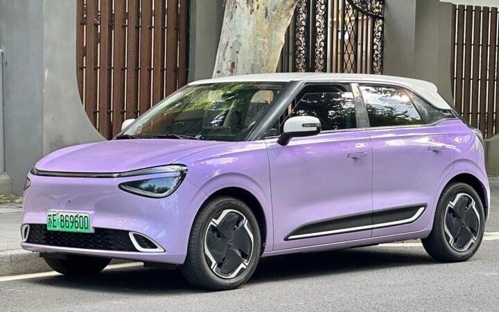 Dongfeng Nammi 01 roxo estacionado junto a uma rua