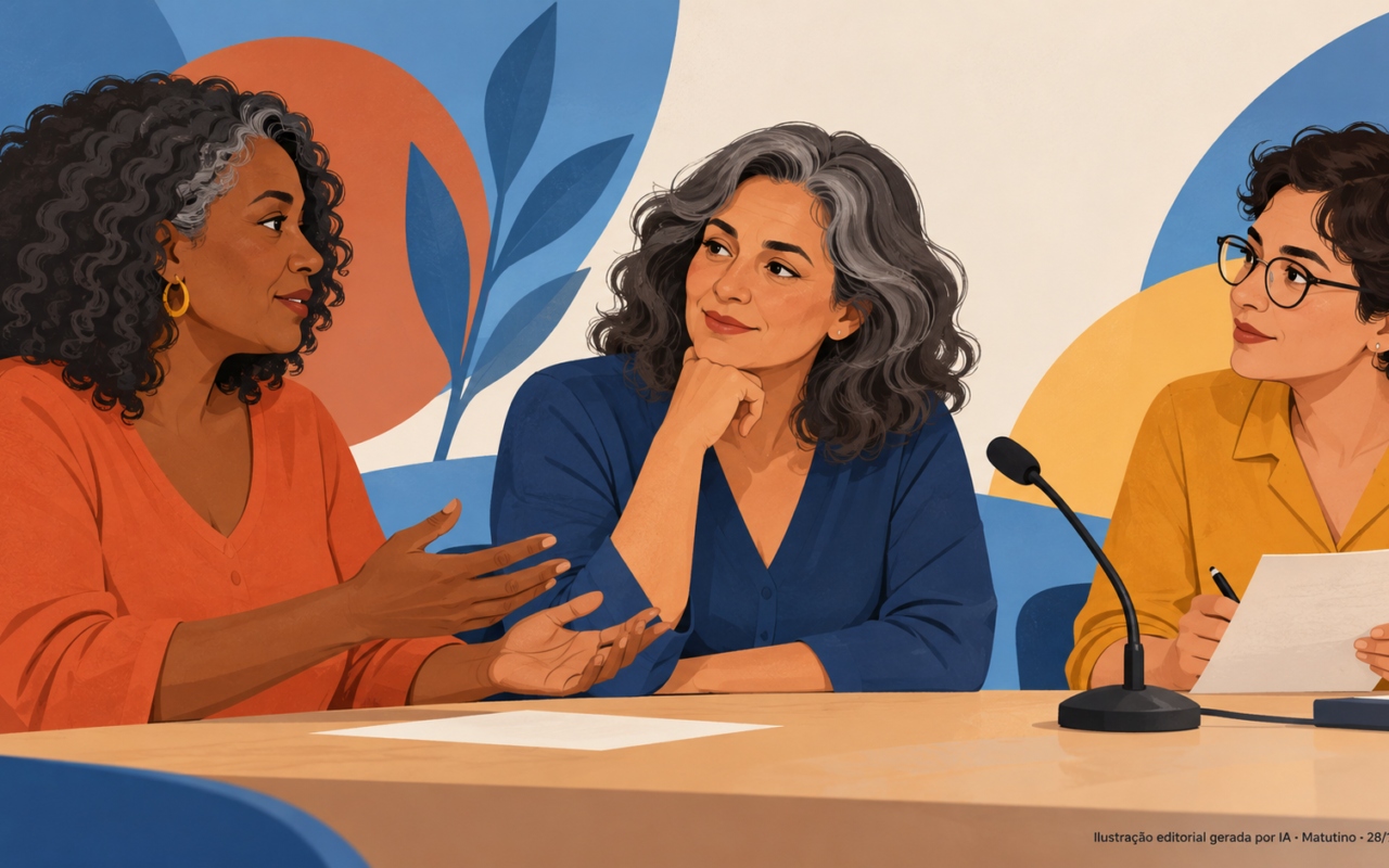 Três pessoas fictícias conversam ao redor de uma mesa com microfone, em ilustração editorial de escuta pública.