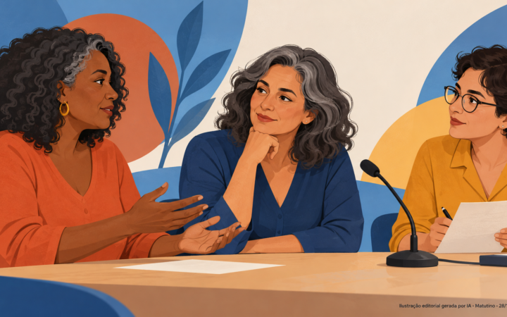 Três pessoas fictícias conversam ao redor de uma mesa com microfone, em ilustração editorial de escuta pública.