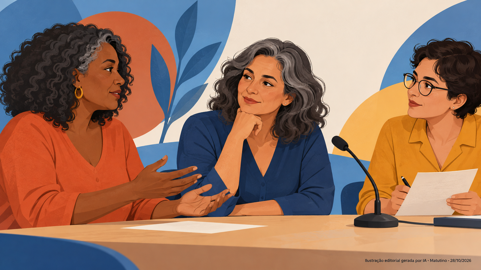 Três pessoas fictícias conversam ao redor de uma mesa com microfone, em ilustração editorial de escuta pública.