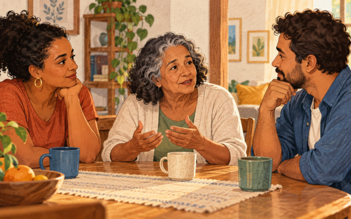 Ilustração editorial por IA de três adultos conversando à mesa em uma casa.
