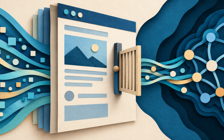 Ilustração de página de internet ligada a uma rede por uma porta.