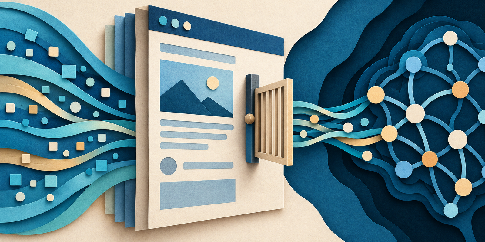 Página de internet e rede de dados ligadas por uma porta, em ilustração.
