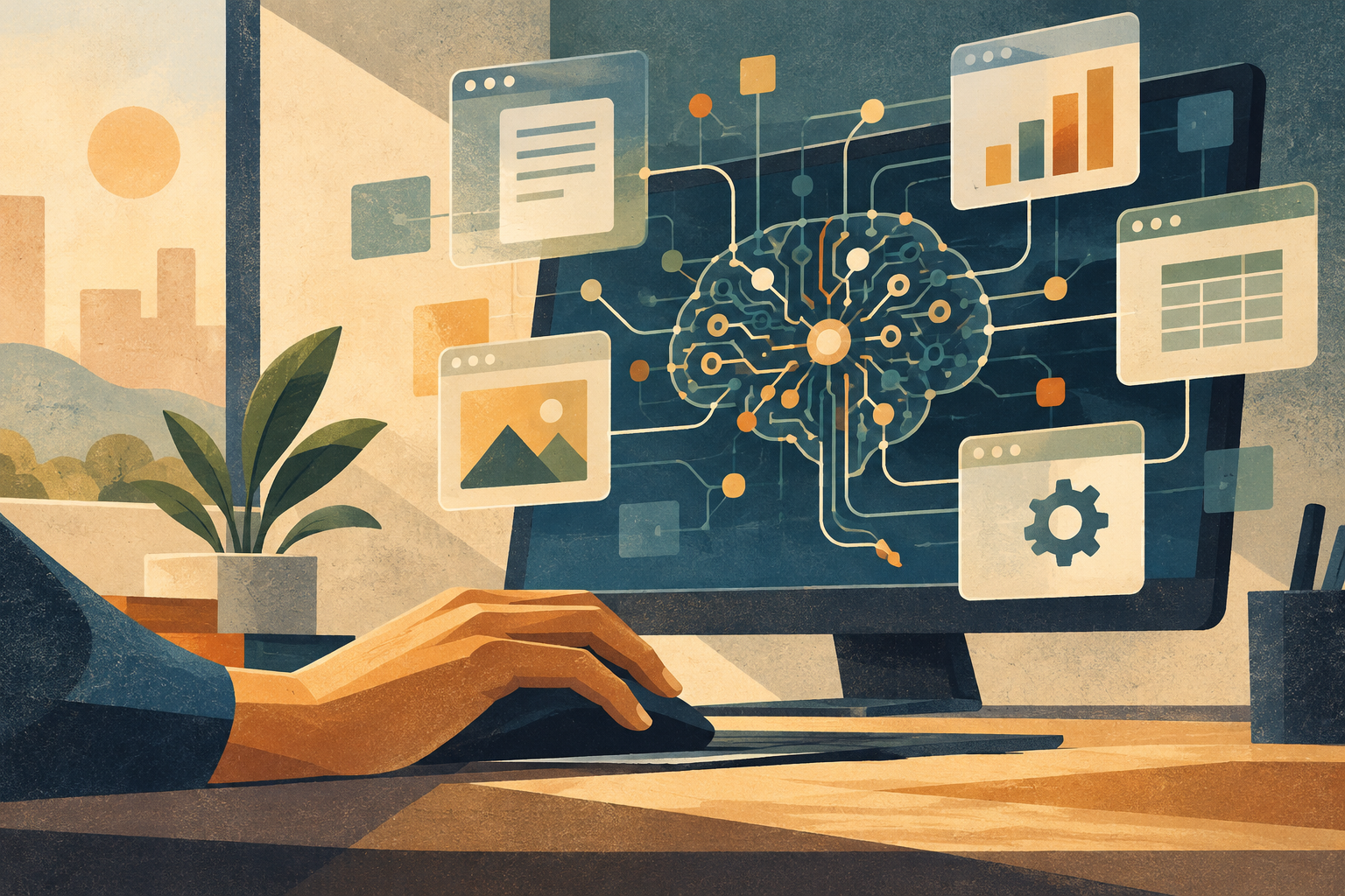 Mão diante de computador e formas que representam tarefas digitais.