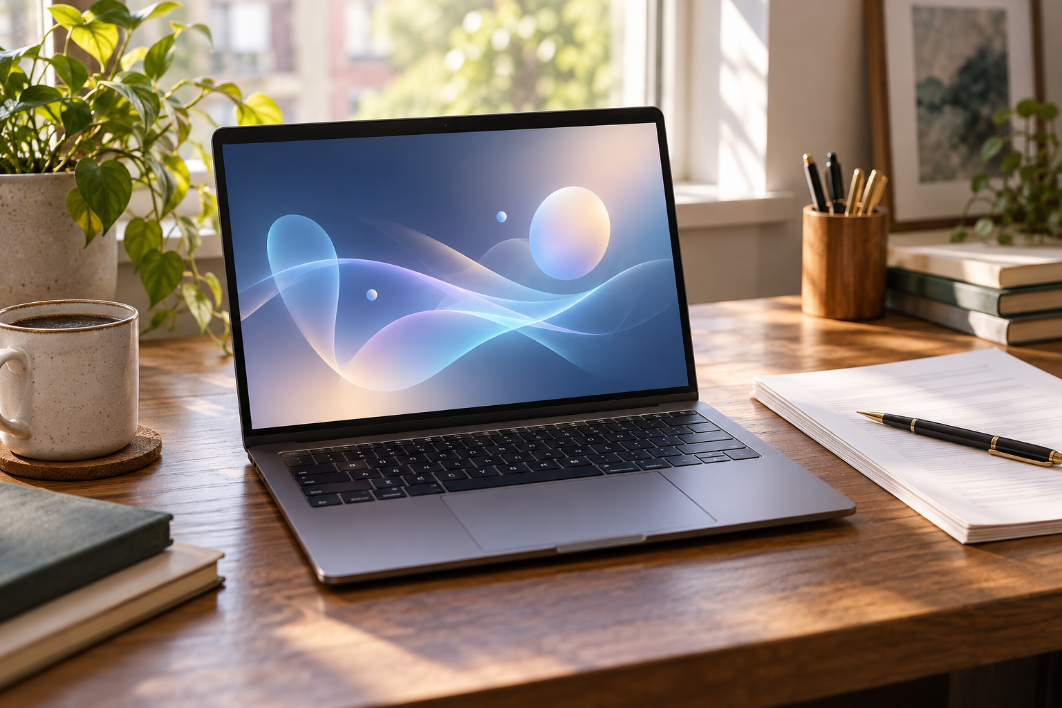 Mesa com computador e documentos, em imagem fotorealista gerada por IA.