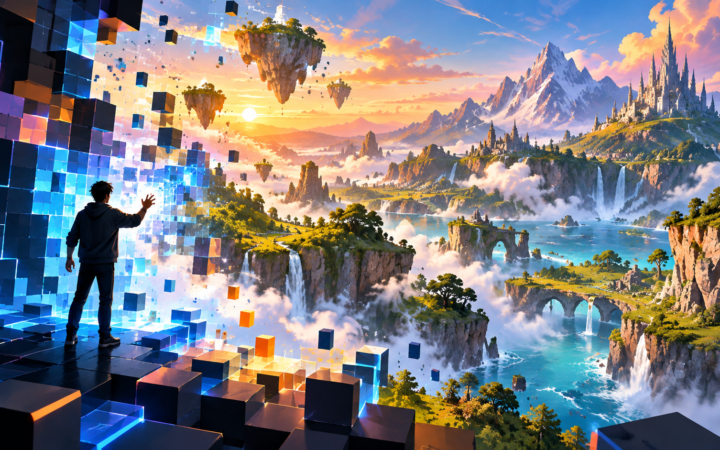Pessoa diante de uma paisagem virtual fantástica formada por blocos.