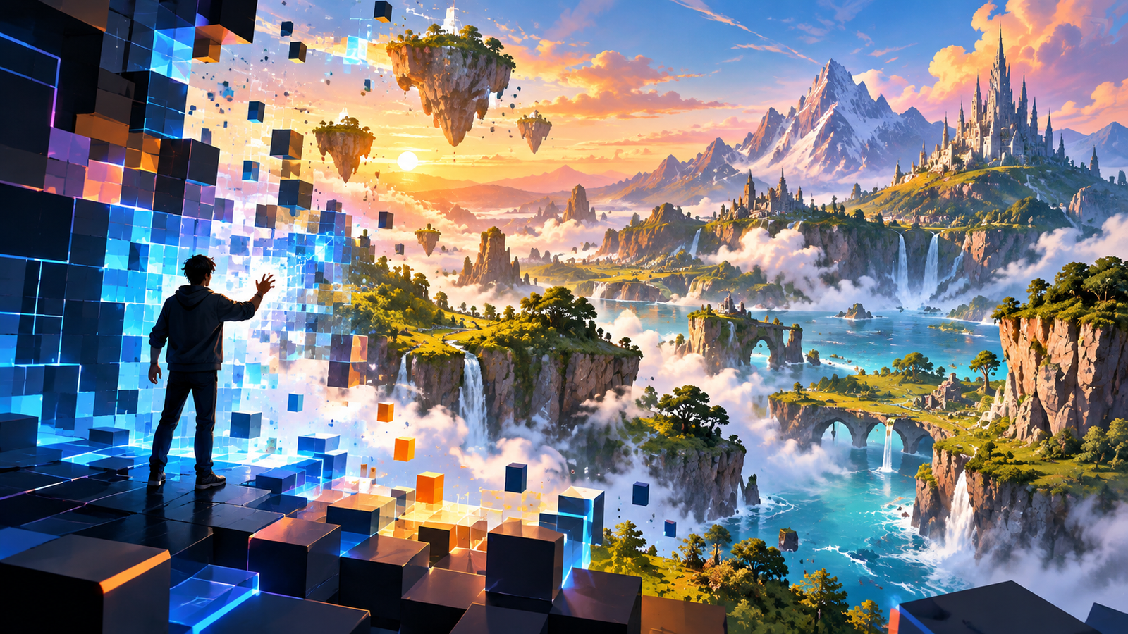 Pessoa diante de paisagem virtual imaginária formada por blocos.