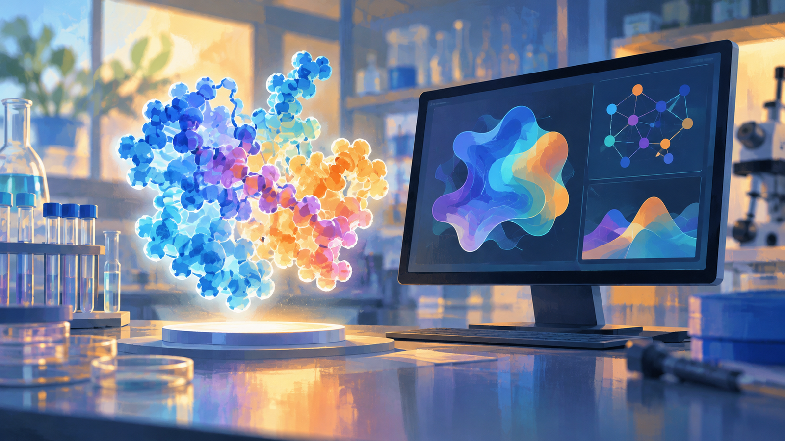 Molécula estilizada e computador em laboratório imaginário.