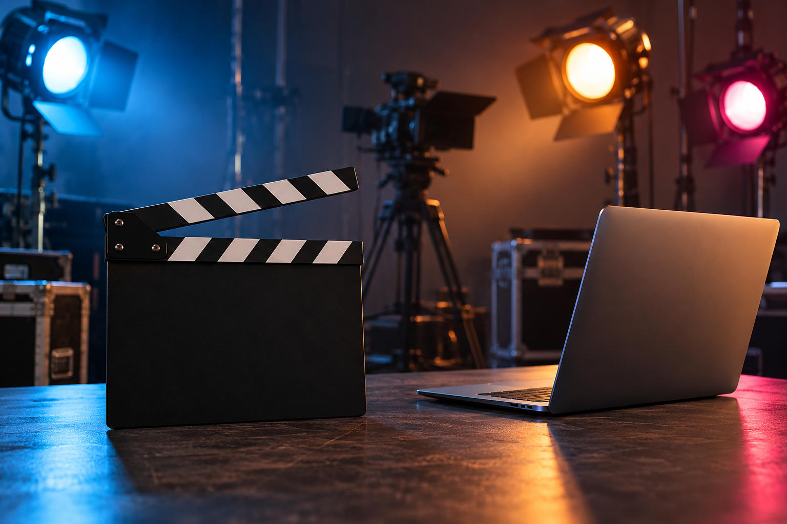 Câmera e equipamento de vídeo em cena fotorealista gerada por IA.