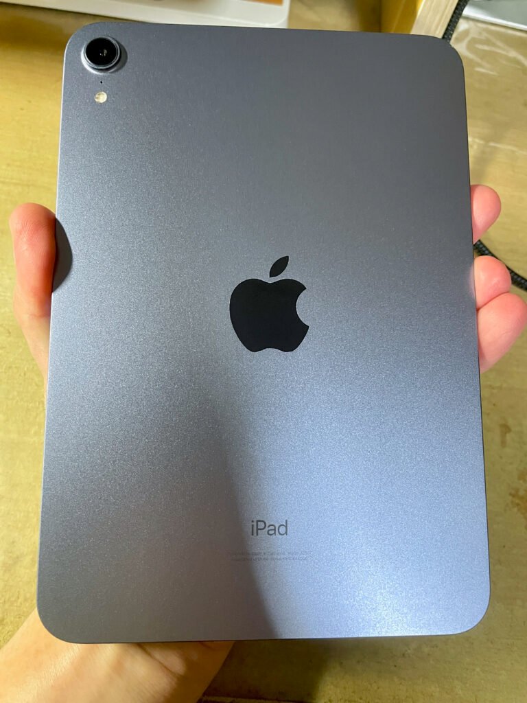 Parte traseira de um iPad mini de sexta geração, segurado por uma pessoa.