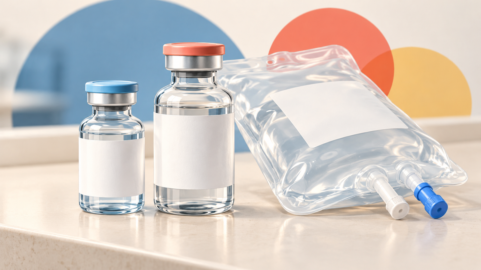Ilustração editorial de dois frascos sem marca e uma bolsa de infusão, sem identificação de medicamentos ou lotes reais.