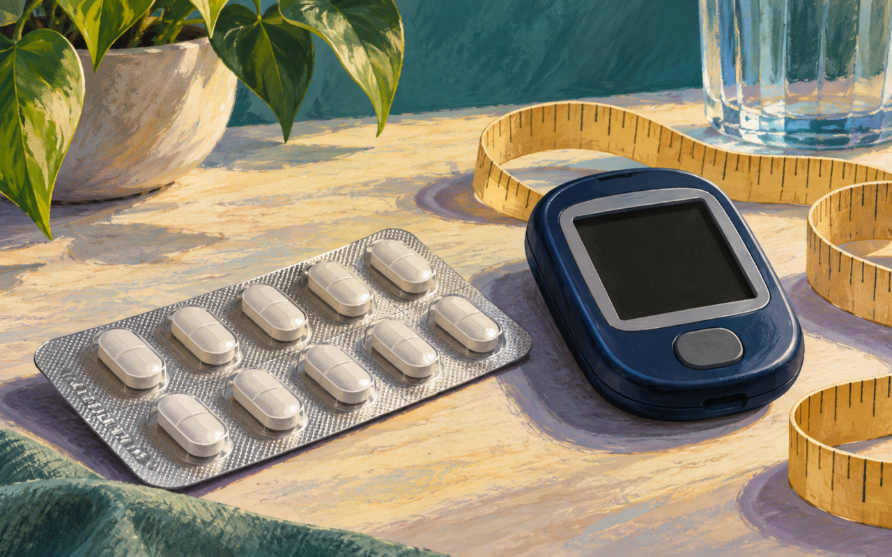 Ilustração em pintura de uma cartela sem marca, glicosímetro com tela apagada e fita métrica, sem dados clínicos.