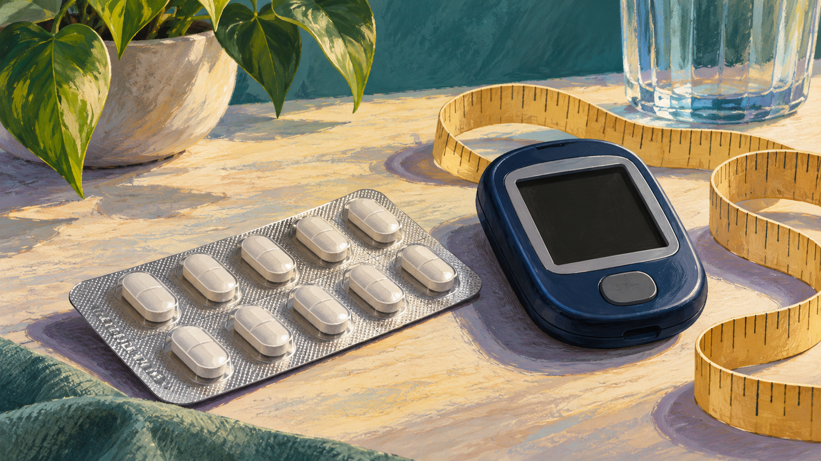 Ilustração em pintura de uma cartela sem marca, glicosímetro com tela apagada e fita métrica, sem dados clínicos.