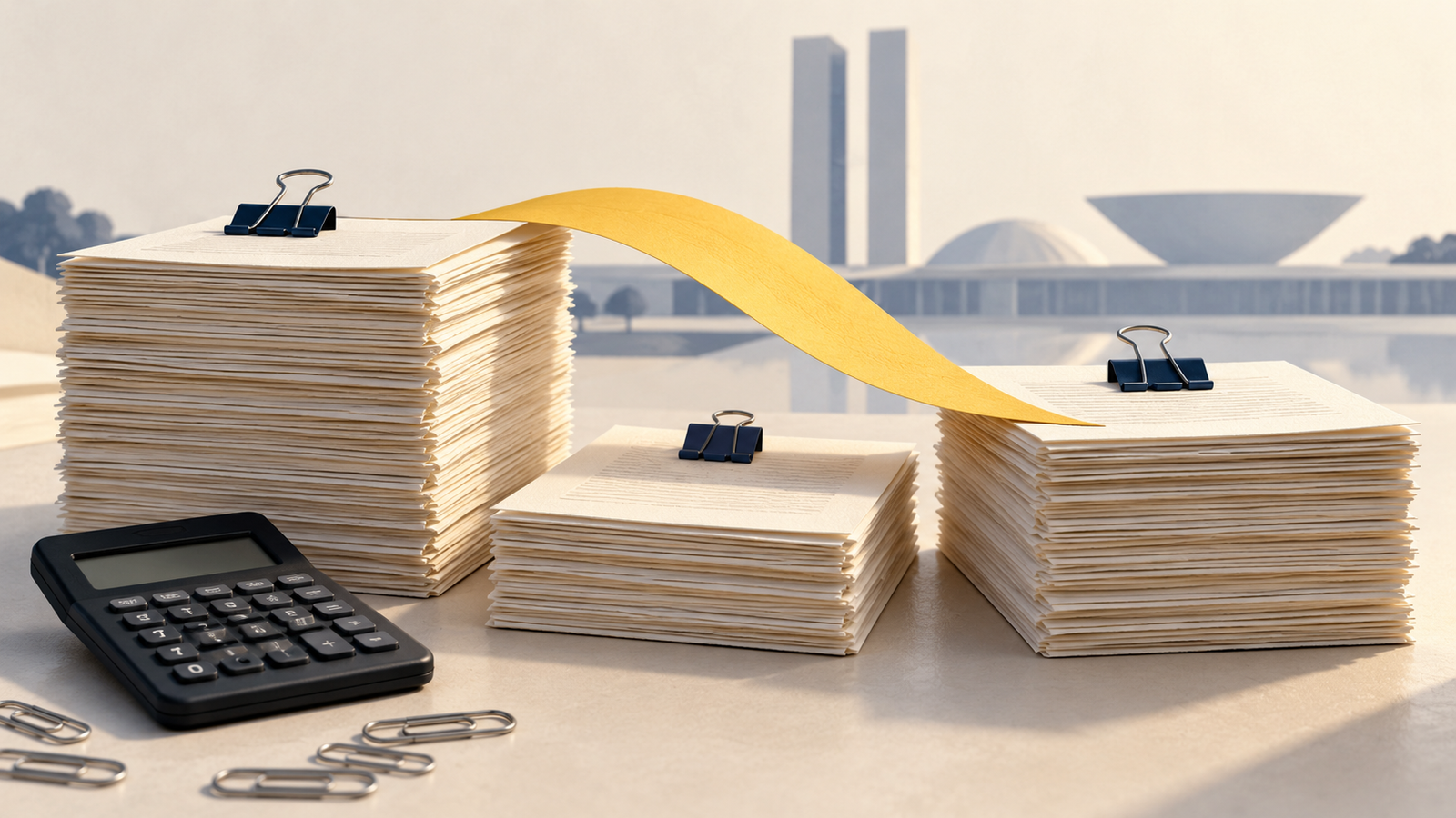 Ilustração editorial com papéis de orçamento, calculadora e referência abstrata ao Congresso, sem documentos ou pagamentos reais.