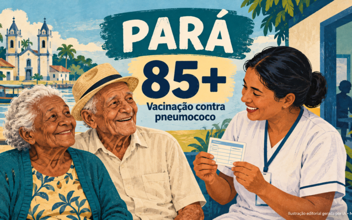 Ilustração desenhada de duas pessoas idosas e uma profissional de saúde, com os dizeres Pará, 85+ e vacinação contra pneumococo.