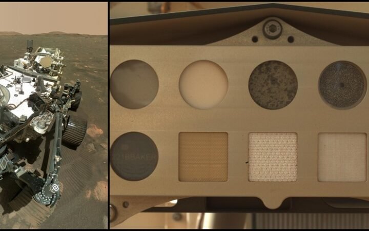 Composição com o rover Perseverance e uma ampliação do alvo de calibração do instrumento SHERLOC, com amostras circulares e quadradas.