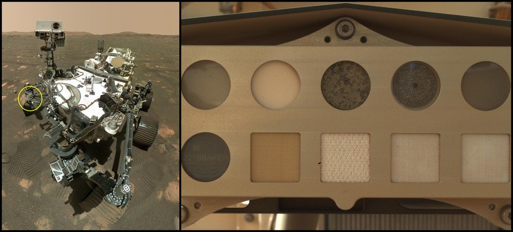 Composição com o rover Perseverance e uma ampliação do alvo de calibração do instrumento SHERLOC, com amostras circulares e quadradas.