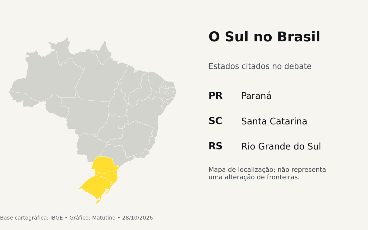 Mapa do Brasil com Paraná, Santa Catarina e Rio Grande do Sul destacados em amarelo, mantendo a fronteira nacional inteira.