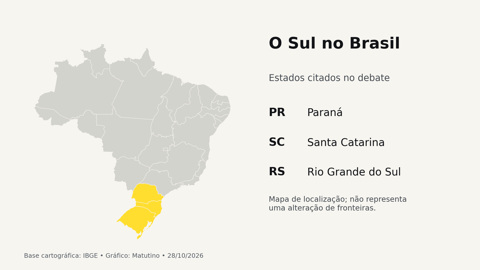 Mapa do Brasil com Paraná, Santa Catarina e Rio Grande do Sul destacados em amarelo, mantendo a fronteira nacional inteira.