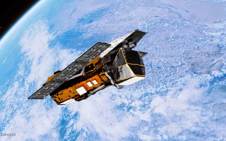 Concepção artística do observatório Swift com painéis solares sobre a curvatura da Terra.