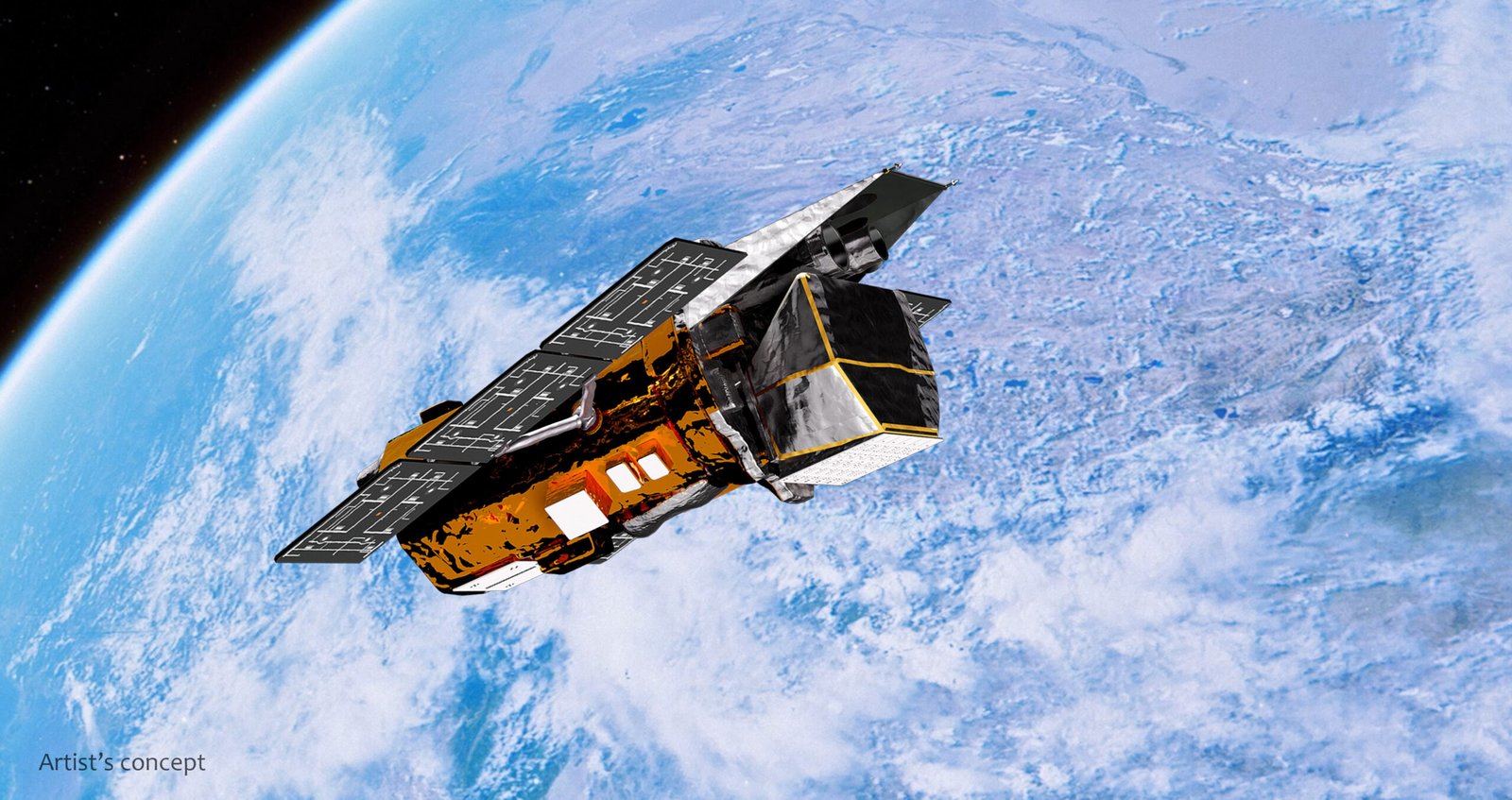 Concepção artística do observatório Swift com painéis solares sobre a curvatura da Terra.