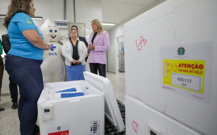 Caixas térmicas de transporte de vacinas e profissionais durante o recebimento de doses contra dengue no Distrito Federal.